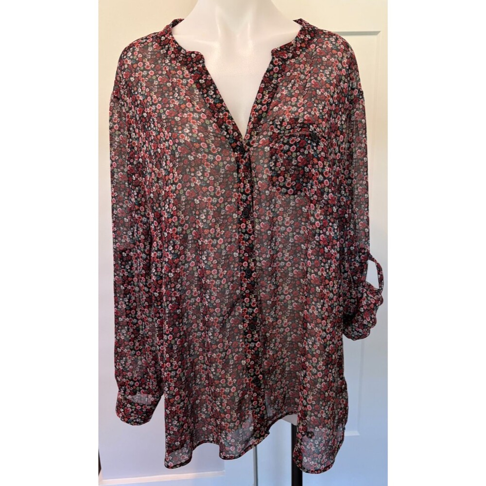 Kut From the Kloth Womens Button TOP Long Sleeve Black Pink Floral Sheer Size 2X